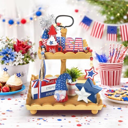 4th of July Decorations 8 Pcs Patriotic Memorial Day Tiered Tray Decor, Independence Day Fourth of July Red White and Blue Decorations for Home Office Tabletop Sign Centerpieces Shelf Mantel Decor in Kuwait