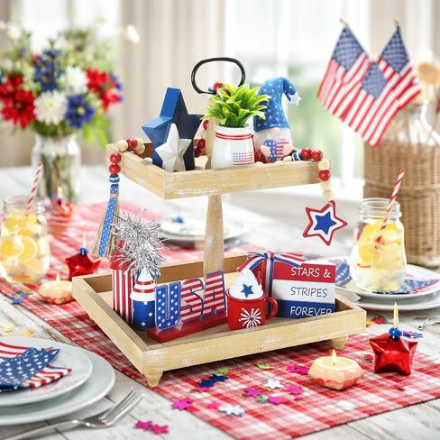 4th of July Decorations 8 Pcs Patriotic Memorial Day Tiered Tray Decor, Independence Day Fourth of July Red White and Blue Decorations for Home Office Tabletop Sign Centerpieces Shelf Mantel Decor in Kuwait