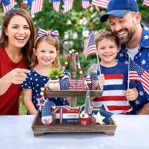 4th of July Decorations 8 Pcs Patriotic Memorial Day Tiered Tray Decor, Independence Day Fourth of July Red White and Blue Decorations for Home Office Tabletop Sign Centerpieces Shelf Mantel Decor in Kuwait