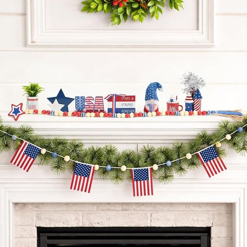 4th of July Decorations 8 Pcs Patriotic Memorial Day Tiered Tray Decor, Independence Day Fourth of July Red White and Blue Decorations for Home Office Tabletop Sign Centerpieces Shelf Mantel Decor in Kuwait