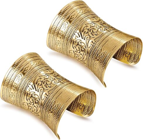 2PCS Vintage Cuff Bracelets for Women Gold Chunky Open Cuff Warp Bracelet Set Ethnic Statement Wide Bangle Bracelet Retro Gypsy Cosplay Cuff Bracelet in Saudi Arabia