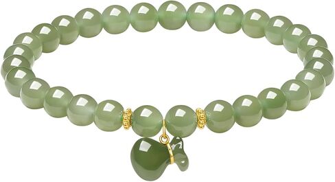 ZHOU LIU FU Green Jade Beaded Bracelets Fortune Bag Natural Gemstone Healing Stretch Bracelet 24K Real Gold Jewelry for Women Mom Daughter Wife Lover Birthday Anniversary 6.7"/17CM Y1914779 in Saudi Arabia