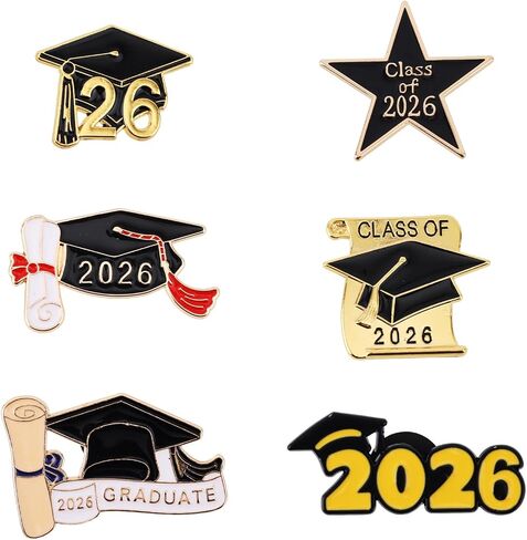 6pcs Class of 2026 Graduation Pins, Alloy Grad Commemorative Pins Including Five-Pointed Star Hat Scroll Paper 2026 for Graduation Ceremony & Class Reunion in Kuwait