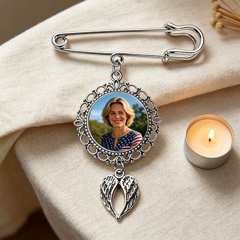 Custom Photo Angel Wing Brooch – 1/2/3 Pictures Personalized Memorial Pin, Round/Oval, Black/Gold/Silver, Sympathy Keepsake Jewelry for Women Men in Kuwait