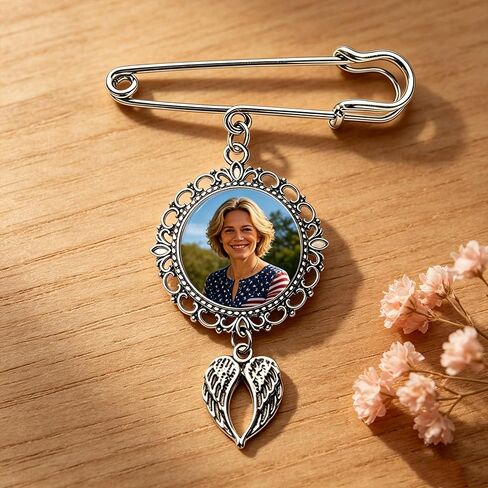 Custom Photo Angel Wing Brooch – 1/2/3 Pictures Personalized Memorial Pin, Round/Oval, Black/Gold/Silver, Sympathy Keepsake Jewelry for Women Men in Kuwait