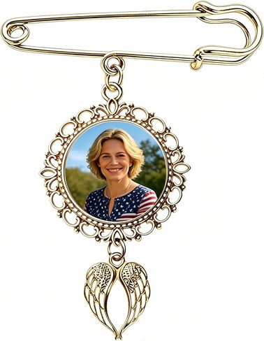 Custom Photo Angel Wing Brooch – 1/2/3 Pictures Personalized Memorial Pin, Round/Oval, Black/Gold/Silver, Sympathy Keepsake Jewelry for Women Men in Kuwait