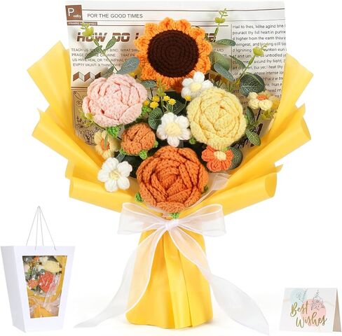 Lewondr Crochet Flower Bouquet, Pink Handmade Knitted Flowers, Crochet Rose Calla Flower for Valentines Day Anniversary Birthday Mother's Day Graduation Gifts, Includes Gift Bag and Greeting Card in Saudi Arabia