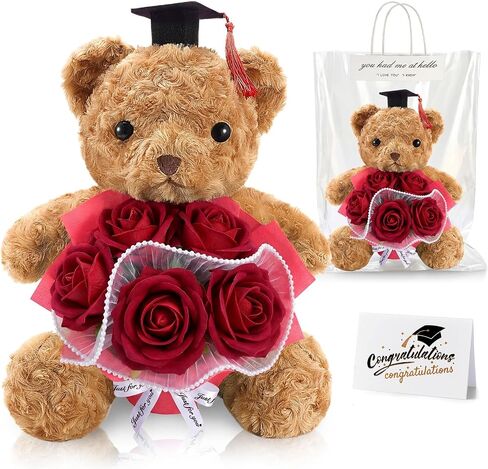 Giegxin Graduation Bear with Bouquet Set, 2026 Rose Flower Stuffed Bear Gift Class of 2026 Graduation Animal with Cap Artificial Box Greeting Card for Congrats Grad Gift(Red) in Kuwait