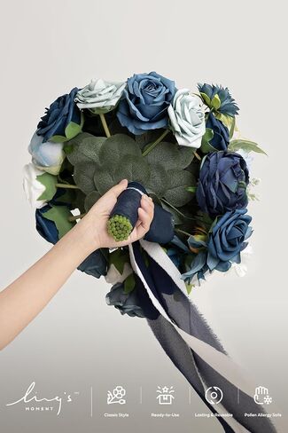 Ling's moment Navy Blue Bridal Bouquet for Bride, Blue Wedding Bouquets for Bride, 13 Inch Silk Round Artificial Wedding Flowers Bouquets in Kuwait