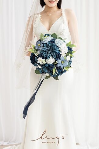 Ling's moment Navy Blue Bridal Bouquet for Bride, Blue Wedding Bouquets for Bride, 13 Inch Silk Round Artificial Wedding Flowers Bouquets in Kuwait