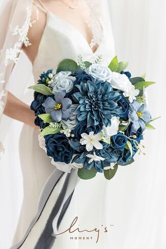 Ling's moment Navy Blue Bridal Bouquet for Bride, Blue Wedding Bouquets for Bride, 13 Inch Silk Round Artificial Wedding Flowers Bouquets in Kuwait