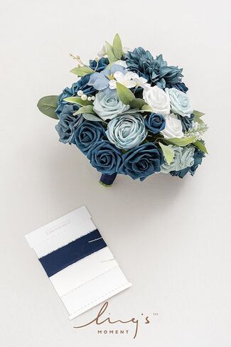 Ling's moment Navy Blue Bridal Bouquet for Bride, Blue Wedding Bouquets for Bride, 13 Inch Silk Round Artificial Wedding Flowers Bouquets in Kuwait