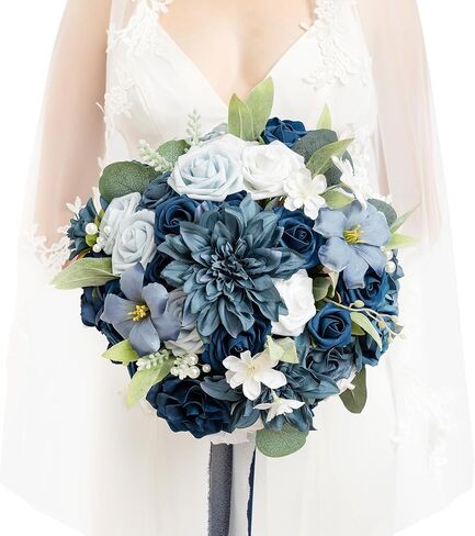 Ling's moment Navy Blue Bridal Bouquet for Bride, Blue Wedding Bouquets for Bride, 13 Inch Silk Round Artificial Wedding Flowers Bouquets in Kuwait