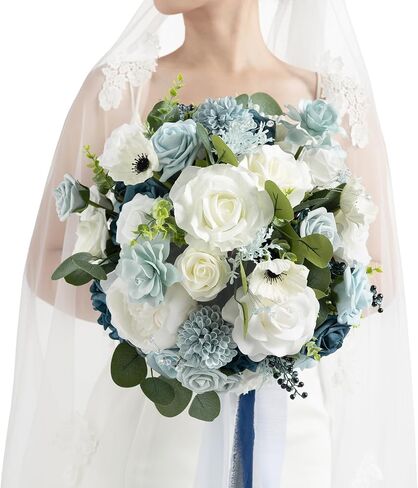 Ling's moment Navy Blue Bridal Bouquet for Bride, Blue Wedding Bouquets for Bride, 13 Inch Silk Round Artificial Wedding Flowers Bouquets in Kuwait