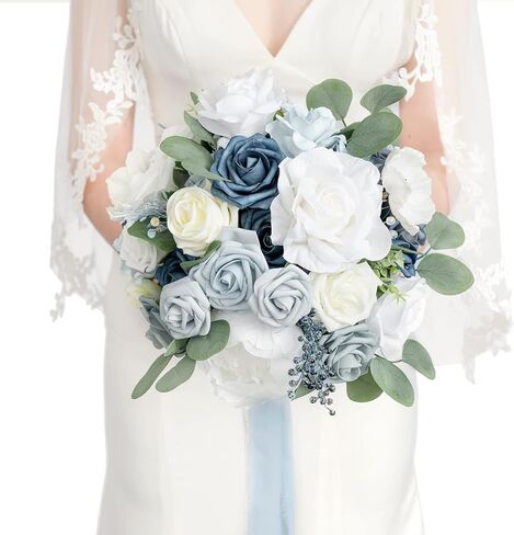 Ling's moment Navy Blue Bridal Bouquet for Bride, Blue Wedding Bouquets for Bride, 13 Inch Silk Round Artificial Wedding Flowers Bouquets in Kuwait