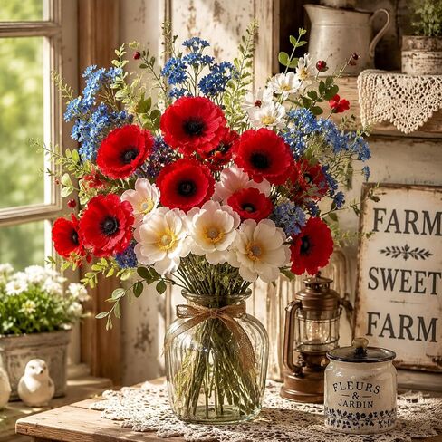 Sureio 12 Pcs 4th of July Artificial Flowers Red Blue White 4th of July Flower 250th Anniversary Decoration Patriotic Table Centerpieces Independence Day Faux Flowers for Grave Home Outdoor Decor in Kuwait