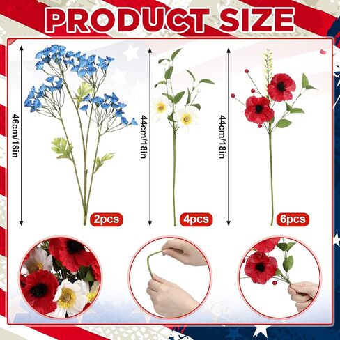 Sureio 12 Pcs 4th of July Artificial Flowers Red Blue White 4th of July Flower 250th Anniversary Decoration Patriotic Table Centerpieces Independence Day Faux Flowers for Grave Home Outdoor Decor in Kuwait