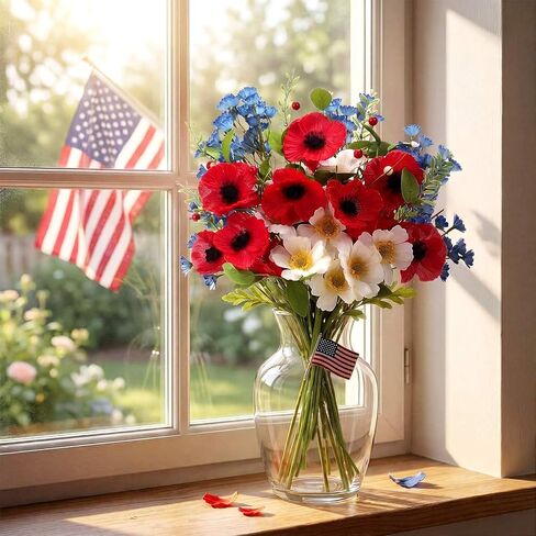Sureio 12 Pcs 4th of July Artificial Flowers Red Blue White 4th of July Flower 250th Anniversary Decoration Patriotic Table Centerpieces Independence Day Faux Flowers for Grave Home Outdoor Decor in Kuwait