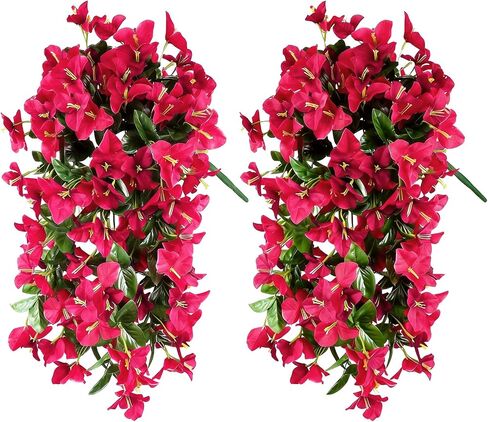 2 Pack Artificial Bougainvillea Flowers for Outdoors Decorations, Fake Hanging Plants, Faux Outside Flowers UV Resistant for Baskets Home Front Door Porch Patio Balcony Yard(Hot Pink) in Kuwait