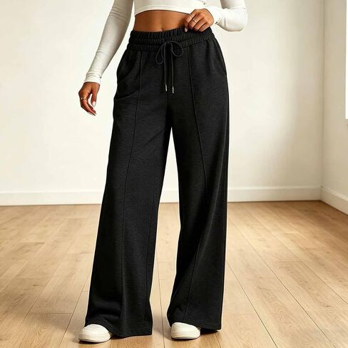 Women's High Waisted Wide Leg Sweatpants - Drawstring Elastic Waist Casual Loungewear Pants in Kuwait