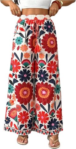 بنطال RoseSeek النسائي Boho Floral واسع الساق برباط الخصر Palazzo Pants Tropical Vacation Trousers in Kuwait