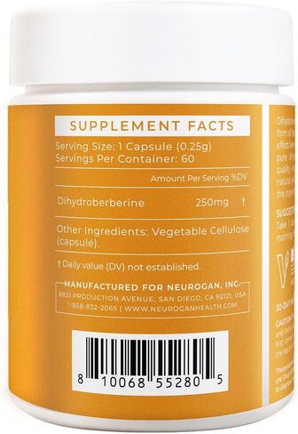Neurogan Dihydroberberine Supplement Capsules - High-Potency 250mg Per Serving - Bioavailable Berberine Metabolite for Daily Balance, Heart Health & Nutrient Utilization - Made in USA in Saudi Arabia