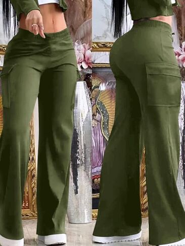 Women's Army Green High Waist Flare Cargo Pants, Elastic Waist Pocketed Wide Leg Pants for Daily Casual Wear in Kuwait