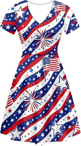 Youngerbaby Summer Dress Women Beach V-Neck Sundresses Girls Skirts Casual Short Sleeve Novelty Swing Midi Dress in Saudi Arabia