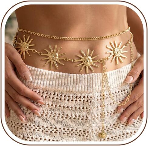 Florideco Waist Chain Belt for Women, Layered Belly Chain, Waterproof Boho Pearl Concho Cuban Body Chain, Adjustable Summer Beach Coachella Fashion Jewelry for Jeans Dresses in Saudi Arabia