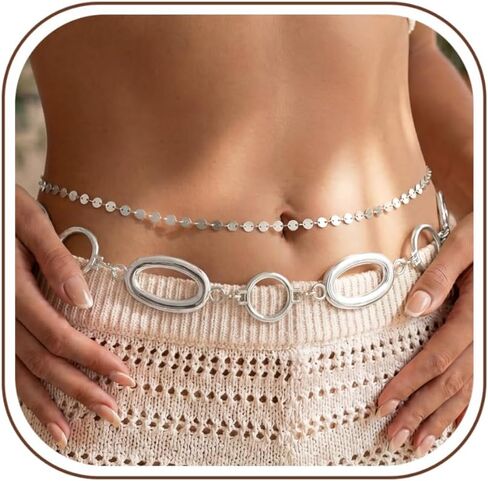 Florideco Waist Chain Belt for Women, Layered Belly Chain, Waterproof Boho Pearl Concho Cuban Body Chain, Adjustable Summer Beach Coachella Fashion Jewelry for Jeans Dresses in Saudi Arabia
