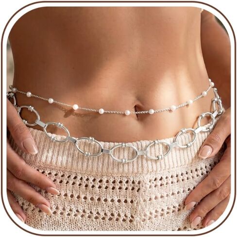 Florideco Waist Chain Belt for Women, Layered Belly Chain, Waterproof Boho Pearl Concho Cuban Body Chain, Adjustable Summer Beach Coachella Fashion Jewelry for Jeans Dresses in Saudi Arabia