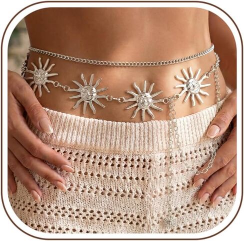 Florideco Waist Chain Belt for Women, Layered Belly Chain, Waterproof Boho Pearl Concho Cuban Body Chain, Adjustable Summer Beach Coachella Fashion Jewelry for Jeans Dresses in Saudi Arabia