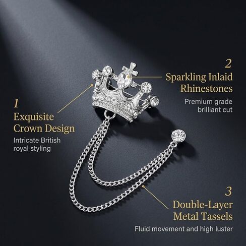 3pcs Vintage Crystal Chain Brooches,Collar Lapel Pins for Men, Rhinestone Crown Brooch with Chain,Shirt Decoration Metal Clips Women Tuxedo Tie Hat Scarf,Elegant Tuxedo Brooches for Wedding in Saudi Arabia