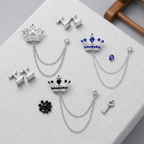 3pcs Vintage Crystal Chain Brooches,Collar Lapel Pins for Men, Rhinestone Crown Brooch with Chain,Shirt Decoration Metal Clips Women Tuxedo Tie Hat Scarf,Elegant Tuxedo Brooches for Wedding in Saudi Arabia
