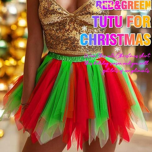 Nicute Christmas Tutu Skirt Layered Tulle Tutu Dance Skirt Red with Green Tutu Holiday Festival Puffy Skirt Costume for Women in Kuwait