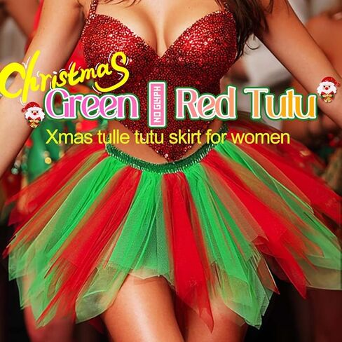Nicute Christmas Tutu Skirt Layered Tulle Tutu Dance Skirt Red with Green Tutu Holiday Festival Puffy Skirt Costume for Women in Kuwait