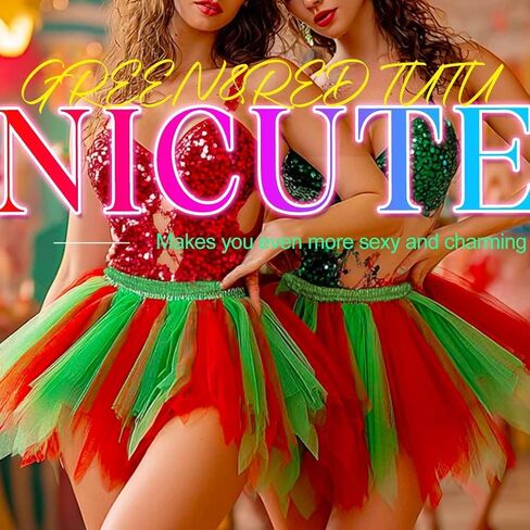 Nicute Christmas Tutu Skirt Layered Tulle Tutu Dance Skirt Red with Green Tutu Holiday Festival Puffy Skirt Costume for Women in Kuwait