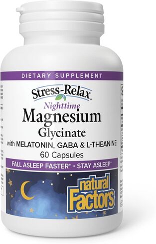 Natural Factors Stress-Relax Nighttime Magnesium Glycinate - Well-Absorbed Magnesium with L-Theanine, Melatonin & PharmaGABA for Restful Sleep & Nervous System Support - 60 Capsules (30 Servings) in Kuwait