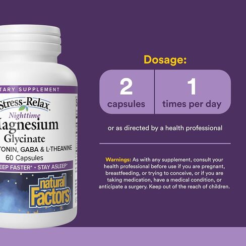 Natural Factors Stress-Relax Nighttime Magnesium Glycinate - Well-Absorbed Magnesium with L-Theanine, Melatonin & PharmaGABA for Restful Sleep & Nervous System Support - 60 Capsules (30 Servings) in Kuwait