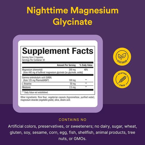 Natural Factors Stress-Relax Nighttime Magnesium Glycinate - Well-Absorbed Magnesium with L-Theanine, Melatonin & PharmaGABA for Restful Sleep & Nervous System Support - 60 Capsules (30 Servings) in Kuwait