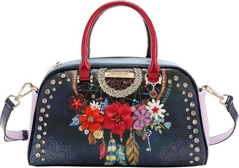 Nicole Lee Boston Bag, Dream Comes True Collection, Vegan Leather, Floral Embellished, Two-Way Zip Top, Gold Hardware, with Crossbody Strap FALL DREAM COMES TRUE in Saudi Arabia