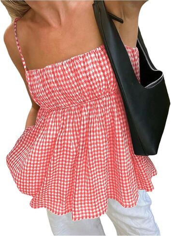 SOLY HUX Women's Summer Plaid Gingham Peplum Tops Babydoll Square Neck Flowy Cute Camisole Top in Kuwait