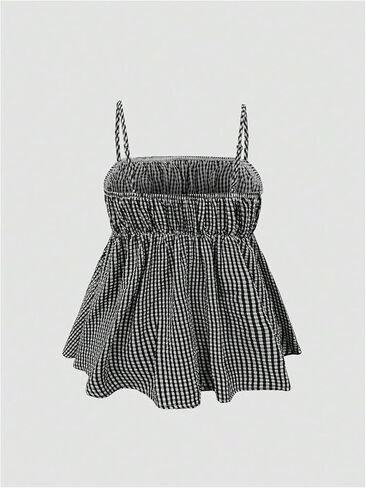 SOLY HUX Women's Summer Plaid Gingham Peplum Tops Babydoll Square Neck Flowy Cute Camisole Top in Kuwait