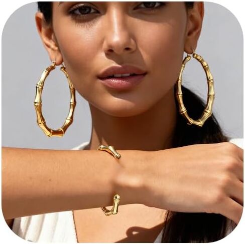A 2-Piece Set of Large Golden Bamboo Hoop Earrings and Bracelet - 90s Style Hip-Hop Jewelry for Women, Suitable for Both Parties and Daily Wear in Saudi Arabia