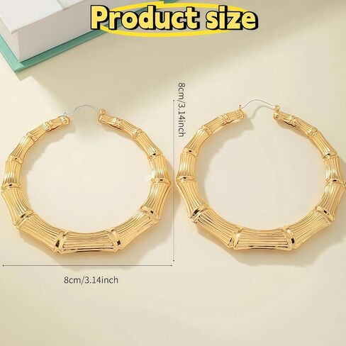 A 2-Piece Set of Large Golden Bamboo Hoop Earrings and Bracelet - 90s Style Hip-Hop Jewelry for Women, Suitable for Both Parties and Daily Wear in Saudi Arabia