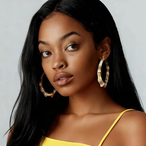 A 2-Piece Set of Large Golden Bamboo Hoop Earrings and Bracelet - 90s Style Hip-Hop Jewelry for Women, Suitable for Both Parties and Daily Wear in Saudi Arabia