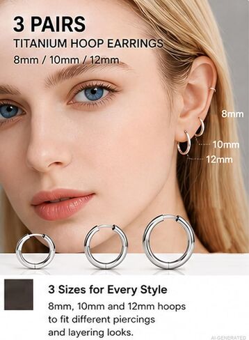 G23 Titanium Hoop Earrings for Sensitive Ears, Hypoallergenic 3 Sizes | implant grade titanium, cartilage nose helix tragus earlobe use, daily wear sleep comfort, minimalist unisex style in Saudi Arabia