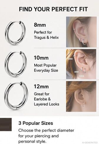 G23 Titanium Hoop Earrings for Sensitive Ears, Hypoallergenic 3 Sizes | implant grade titanium, cartilage nose helix tragus earlobe use, daily wear sleep comfort, minimalist unisex style in Saudi Arabia