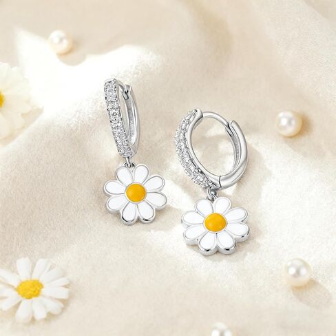 Daisy Hoop Earrings White Simple Drip Glue Flower Dangle Earrings S925 Sterling Silver Small Sweet Cute Sunflower Cartilage Huggie Earrings for Women Bff Birthday Gifts Beach Jewelry for Summer in Saudi Arabia
