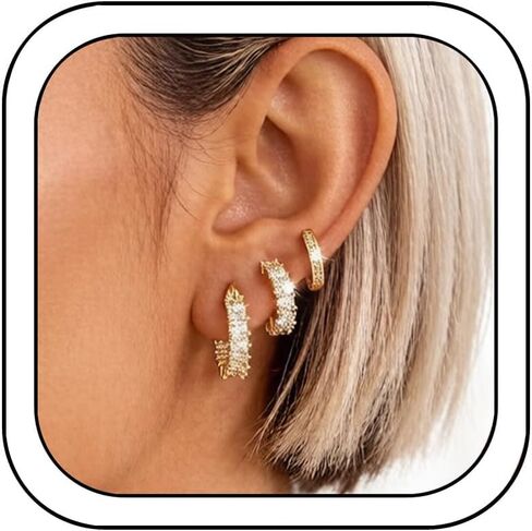 3Pcs Gold Huggie Earrings for Women Dainty CZ Stacks Earring Hypoallergenic Statement Small Hoops Earrings Trendy Non Tarnish Jewelry in Saudi Arabia